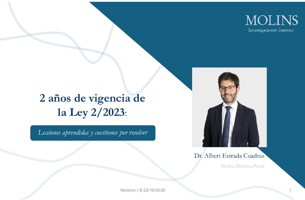 Webinar sobre canales de denuncias: “2 años de vigencia de la Ley 2/2023. Lecciones aprendidas y cuestiones por resolver”